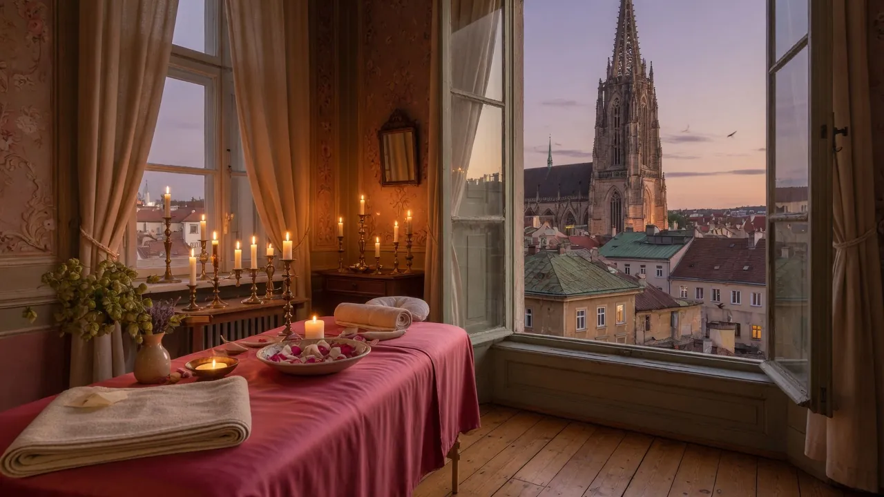 Erotic massage in Pilsen: a candlelit massage room with raspberry silk and warm wood, the window open on the Gothic spire of St. Bartholomew at dusk